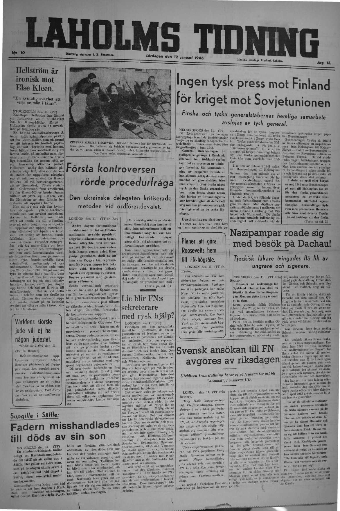 Laholms Tidning Lördag 12 januari 1946, sida 1