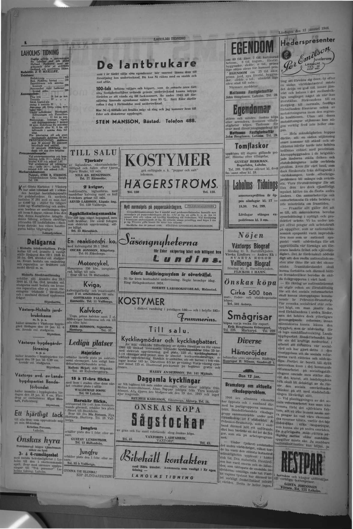 Laholms Tidning Lördag 12 januari 1946, sida 2