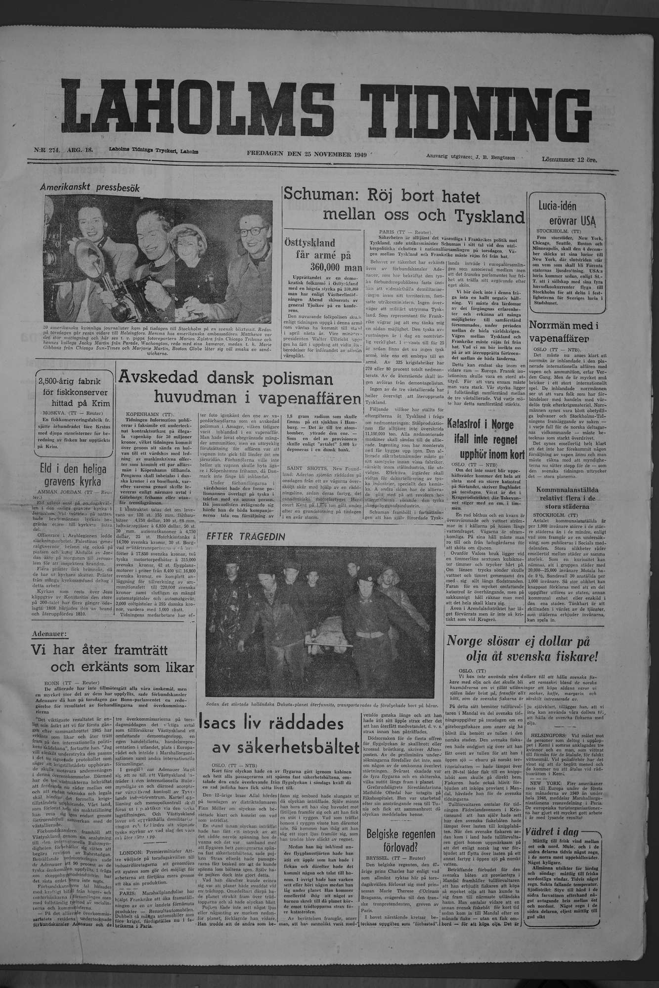 Laholms Tidning Fredag 25 november 1949, sida 1