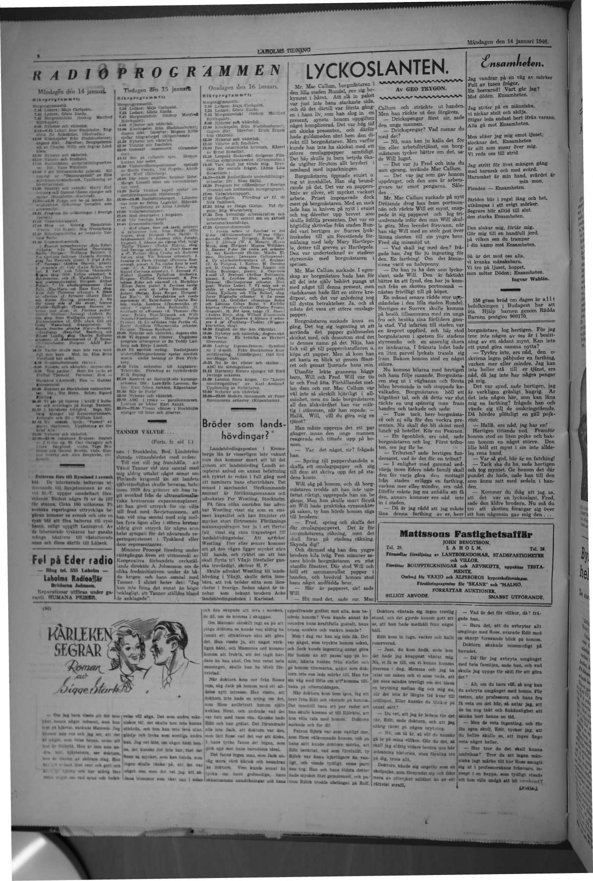 Laholms Tidning Måndag 14 januari 1946, sida 8