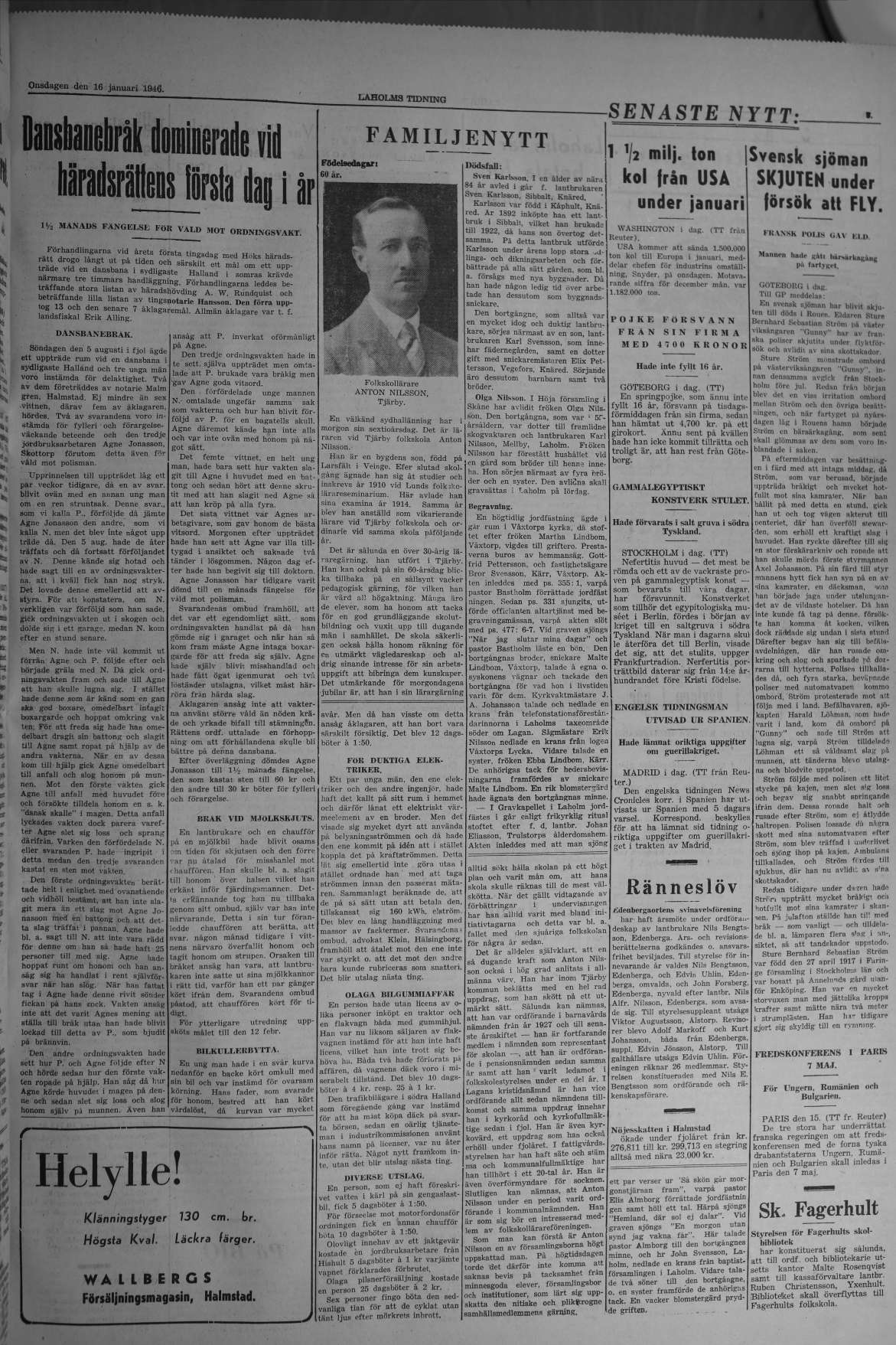 Laholms Tidning Onsdag 16 januari 1946, sida 3