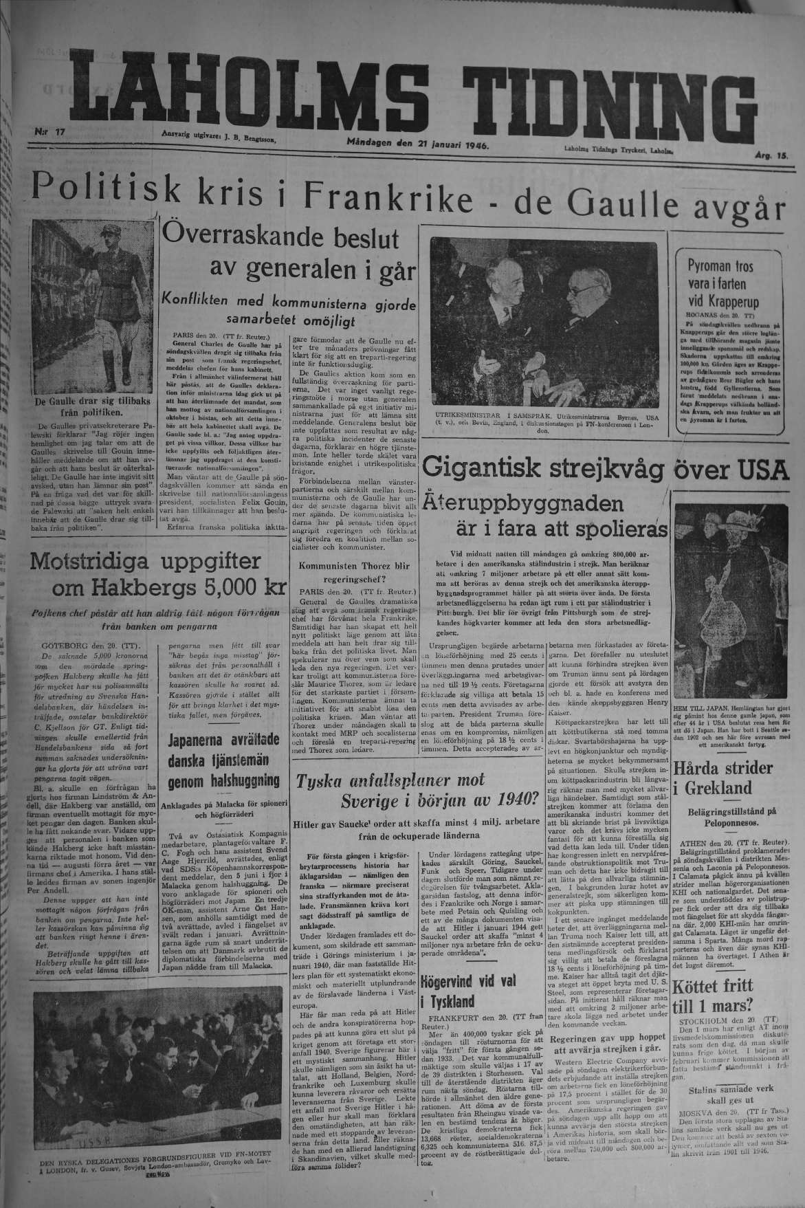 Laholms Tidning Måndag 21 januari 1946, sida 1