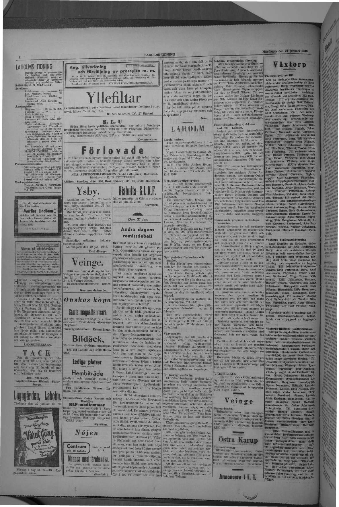 Laholms Tidning Måndag 21 januari 1946, sida 2