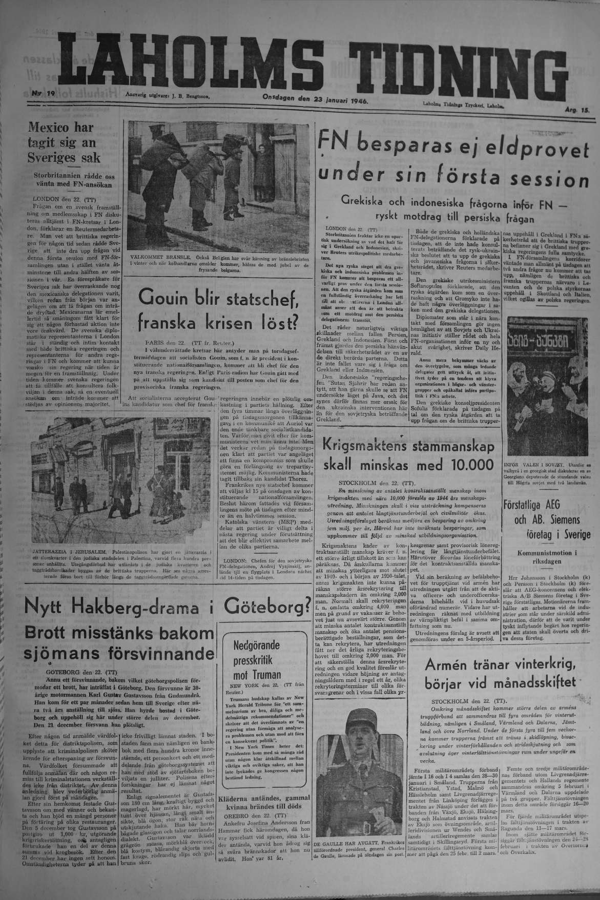 Laholms Tidning Onsdag 23 januari 1946, sida 1