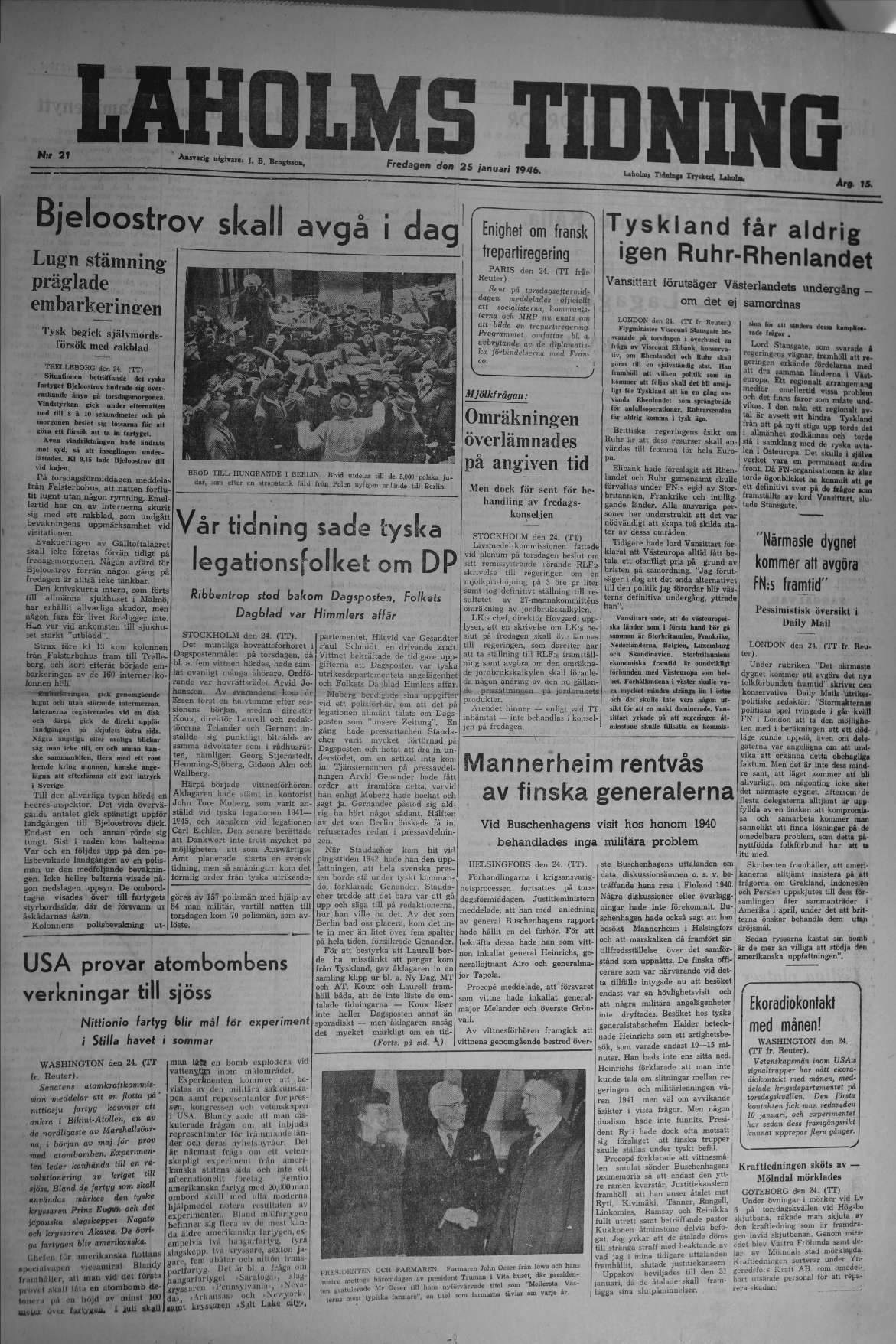 Laholms Tidning Fredag 25 januari 1946, sida 1