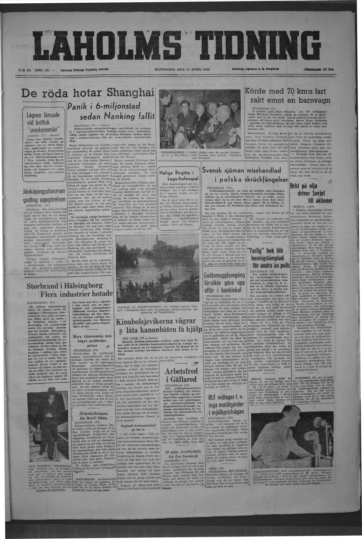 Laholms Tidning Måndag 25 april 1949, sida 1