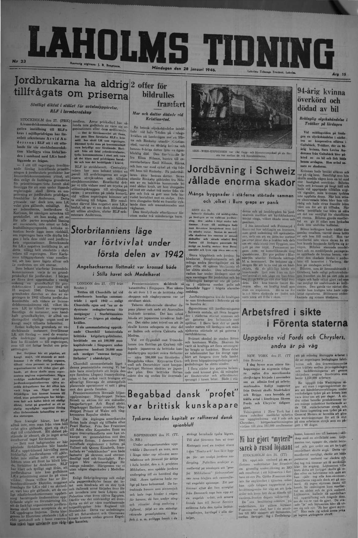 Laholms Tidning Måndag 28 januari 1946, sida 1