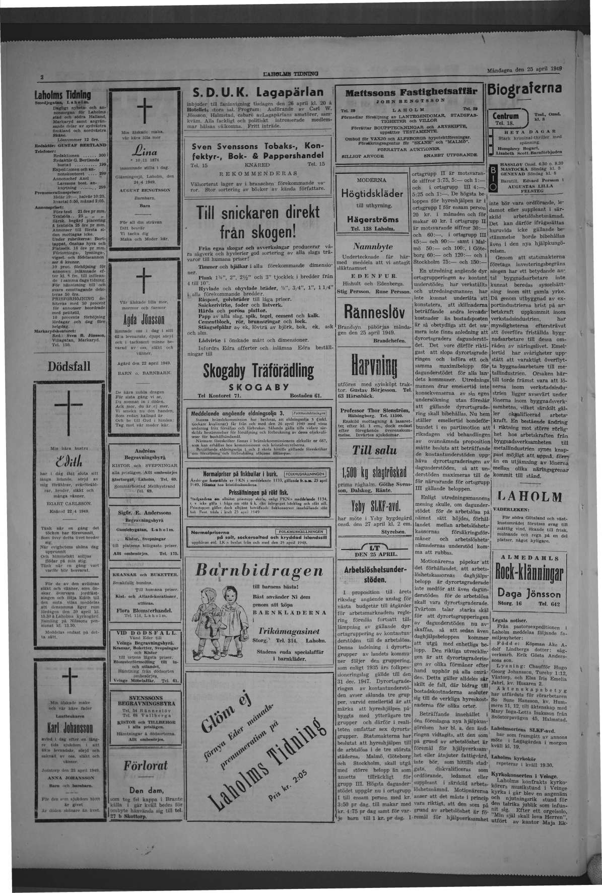 Laholms Tidning Måndag 25 april 1949, sida 2