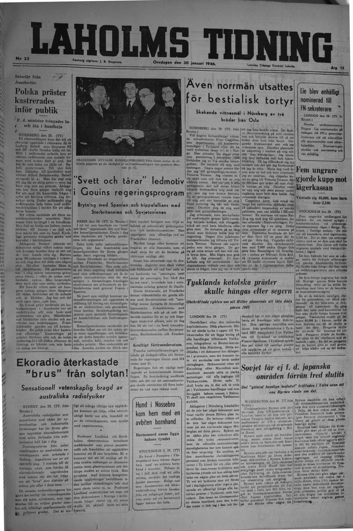 Laholms Tidning Onsdag 30 januari 1946, sida 1