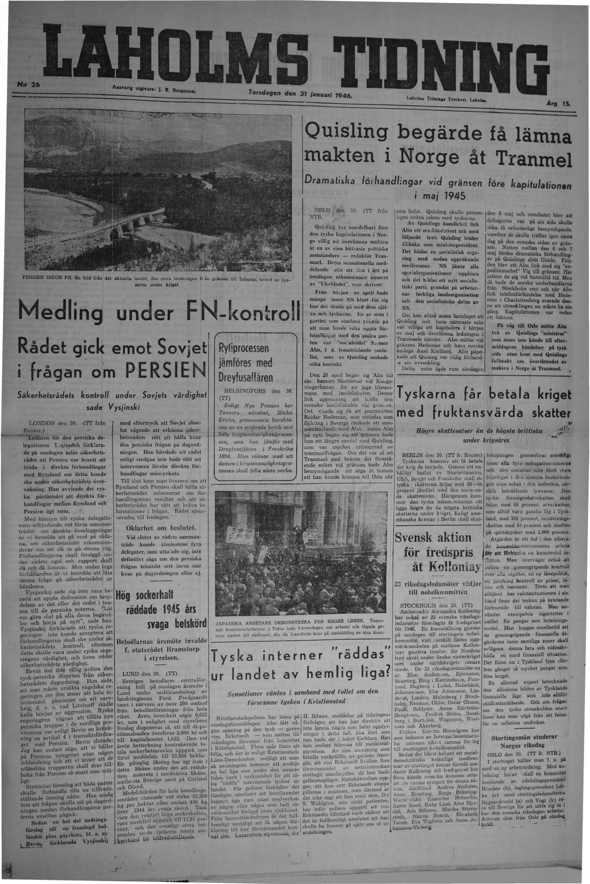 Laholms Tidning Torsdag 31 januari 1946, sida 1
