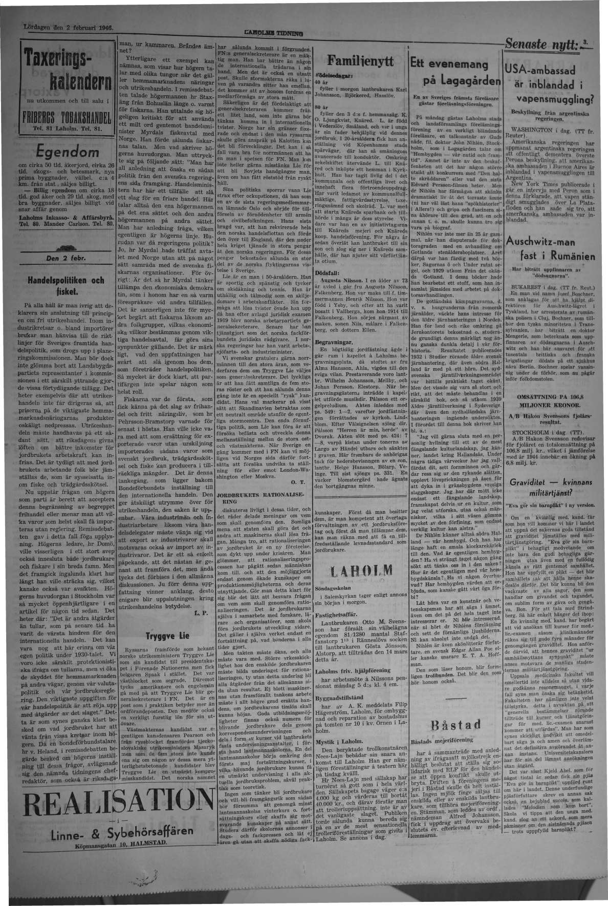 Laholms Tidning Lördag 2 februari 1946, sida 3