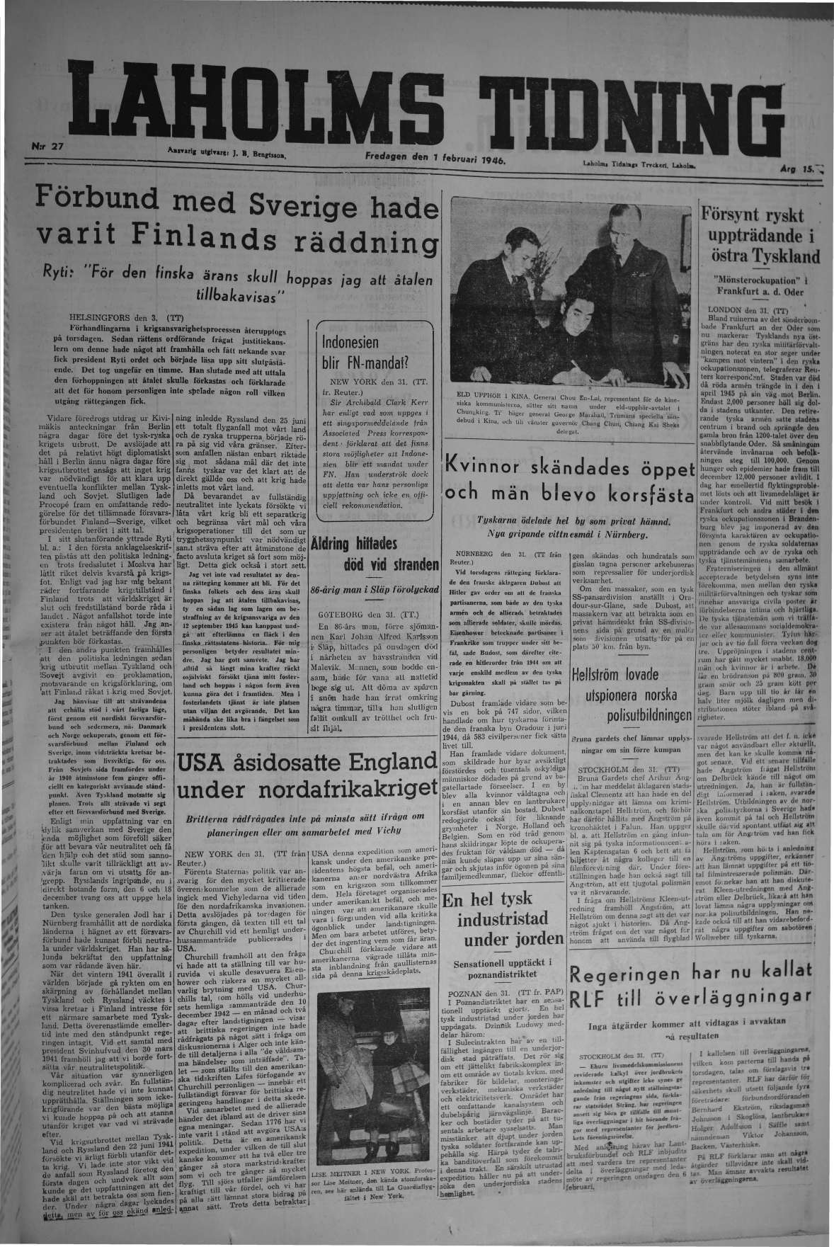 Laholms Tidning Fredag 1 februari 1946, sida 1