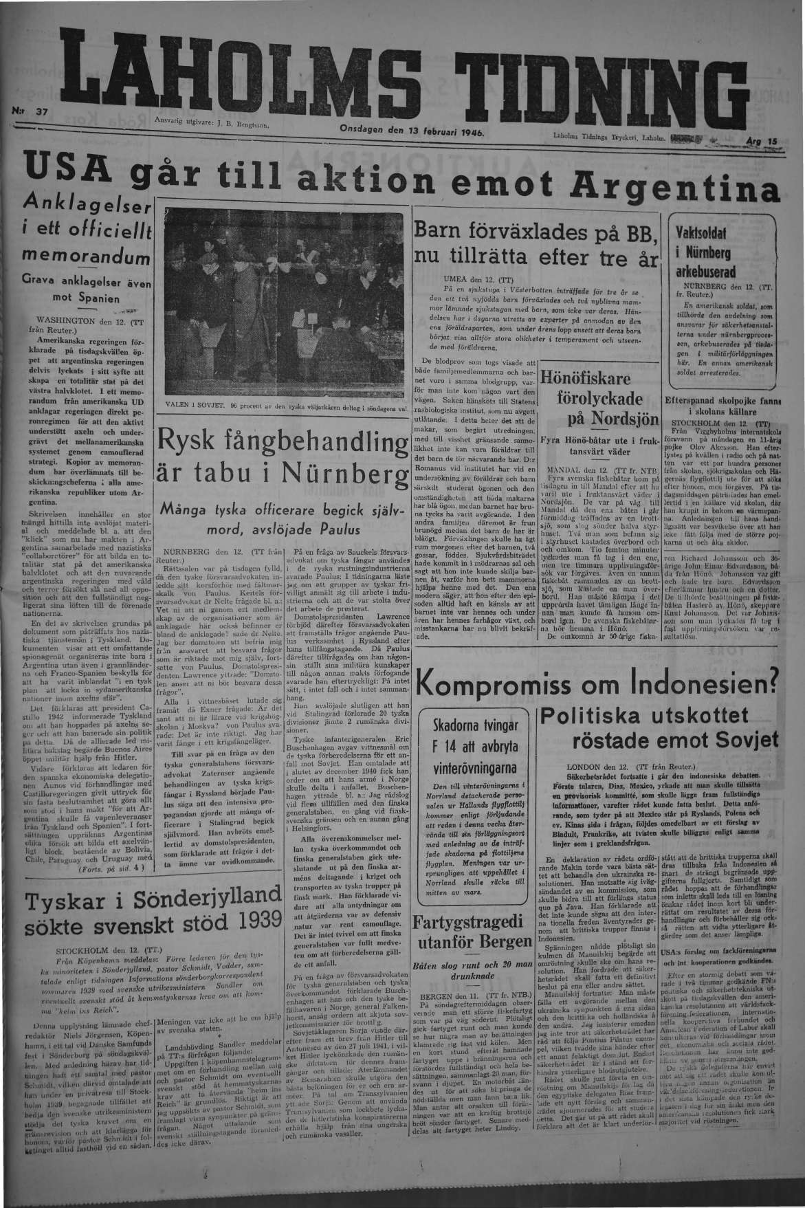 Laholms Tidning Onsdag 13 februari 1946, sida 1
