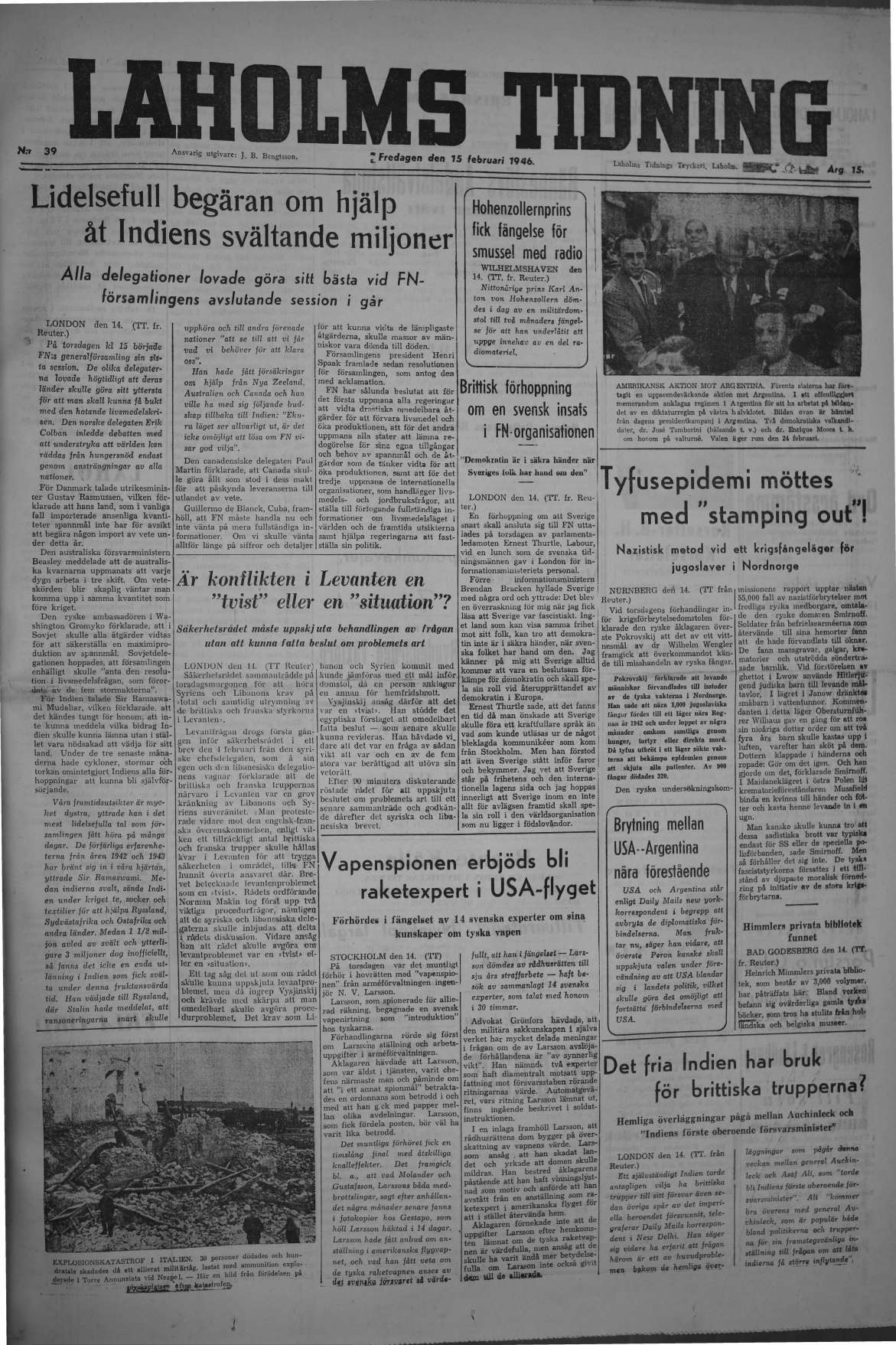 Laholms Tidning Fredag 15 februari 1946, sida 1