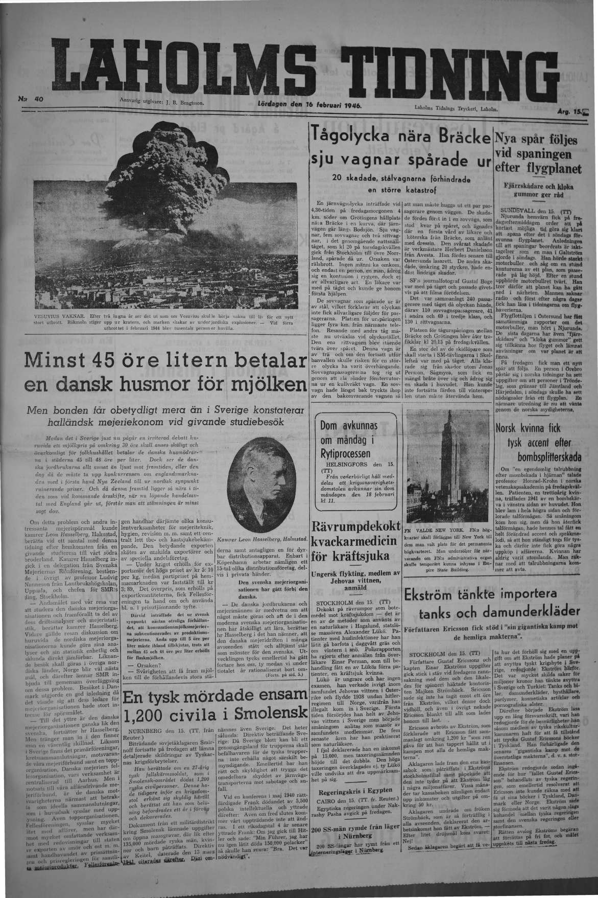 Laholms Tidning Lördag 16 februari 1946, sida 1