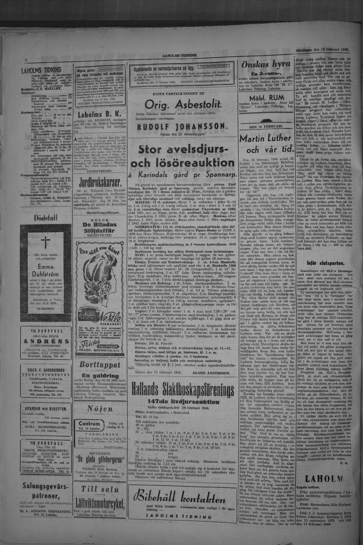 Laholms Tidning Måndag 18 februari 1946, sida 2