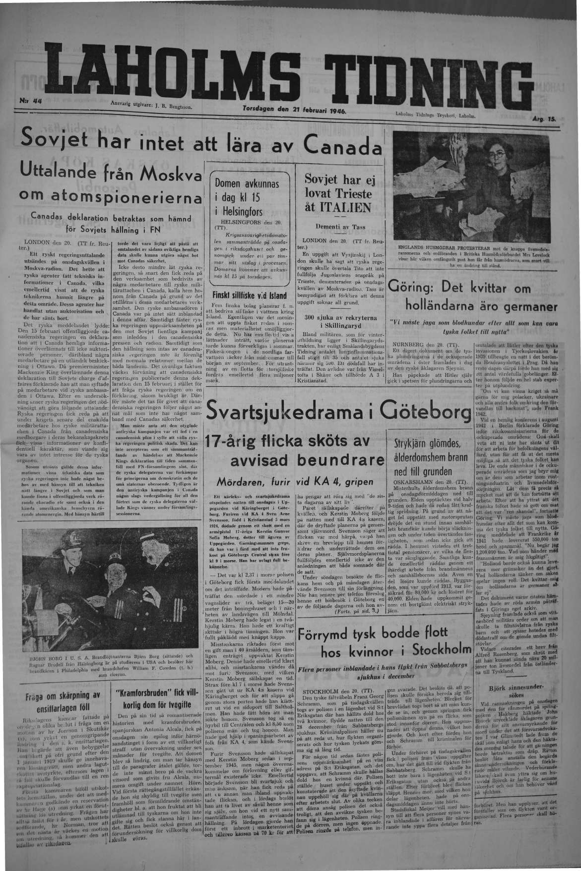 Laholms Tidning Torsdag 21 februari 1946, sida 1