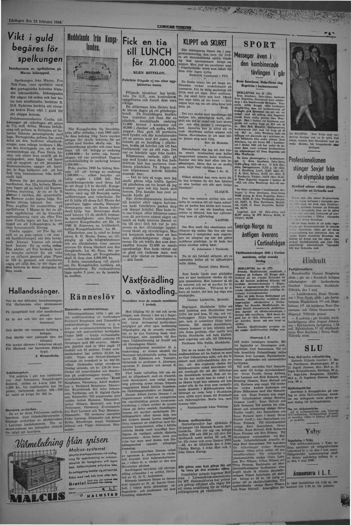 Laholms Tidning Lördag 23 februari 1946, sida 5