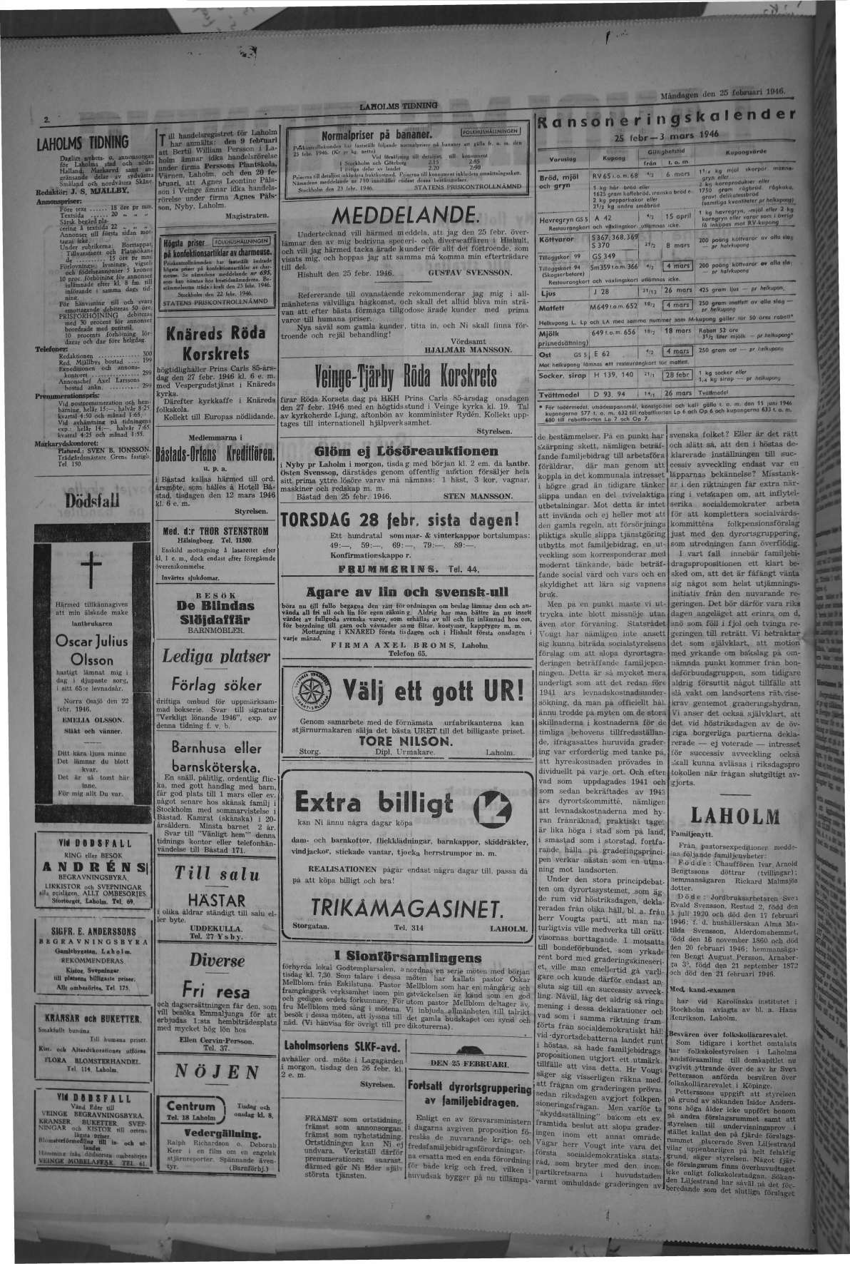 Laholms Tidning Måndag 25 februari 1946, sida 2
