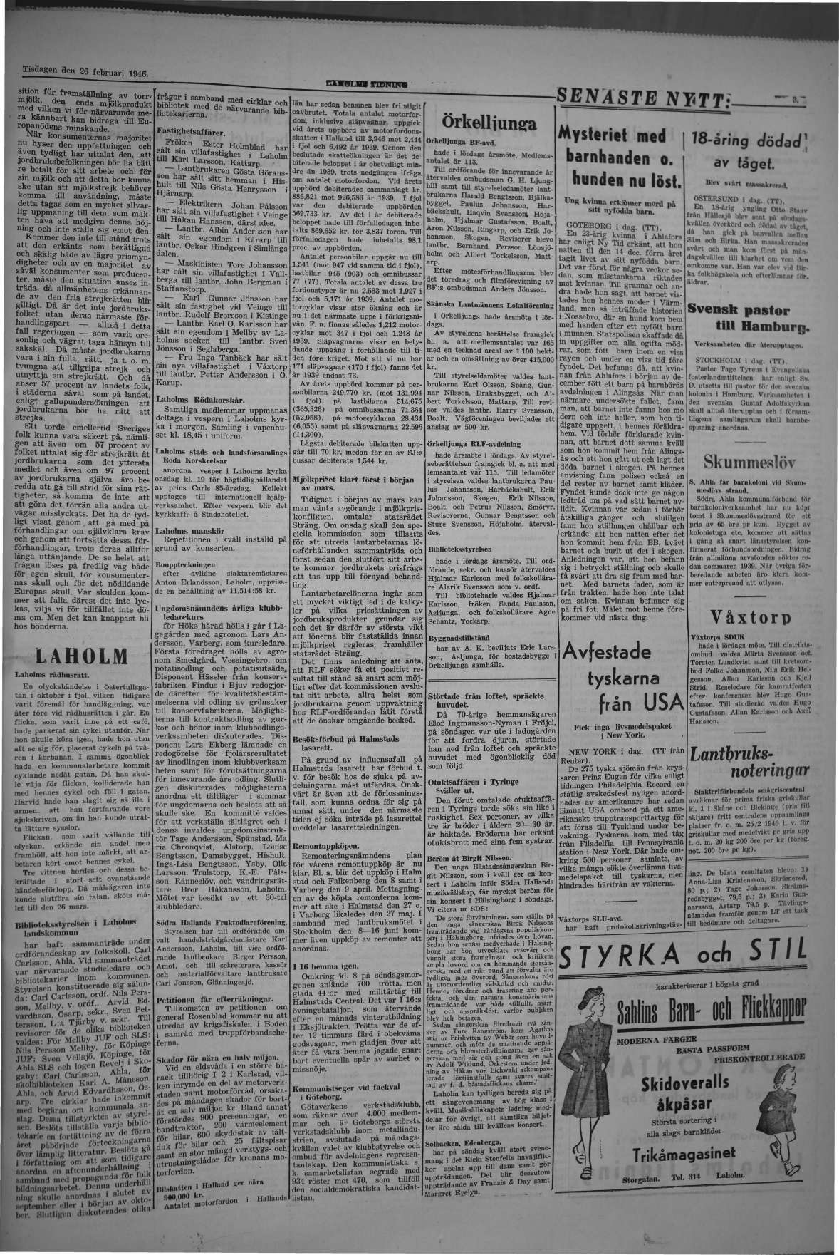 Laholms Tidning Tisdag 26 februari 1946, sida 3