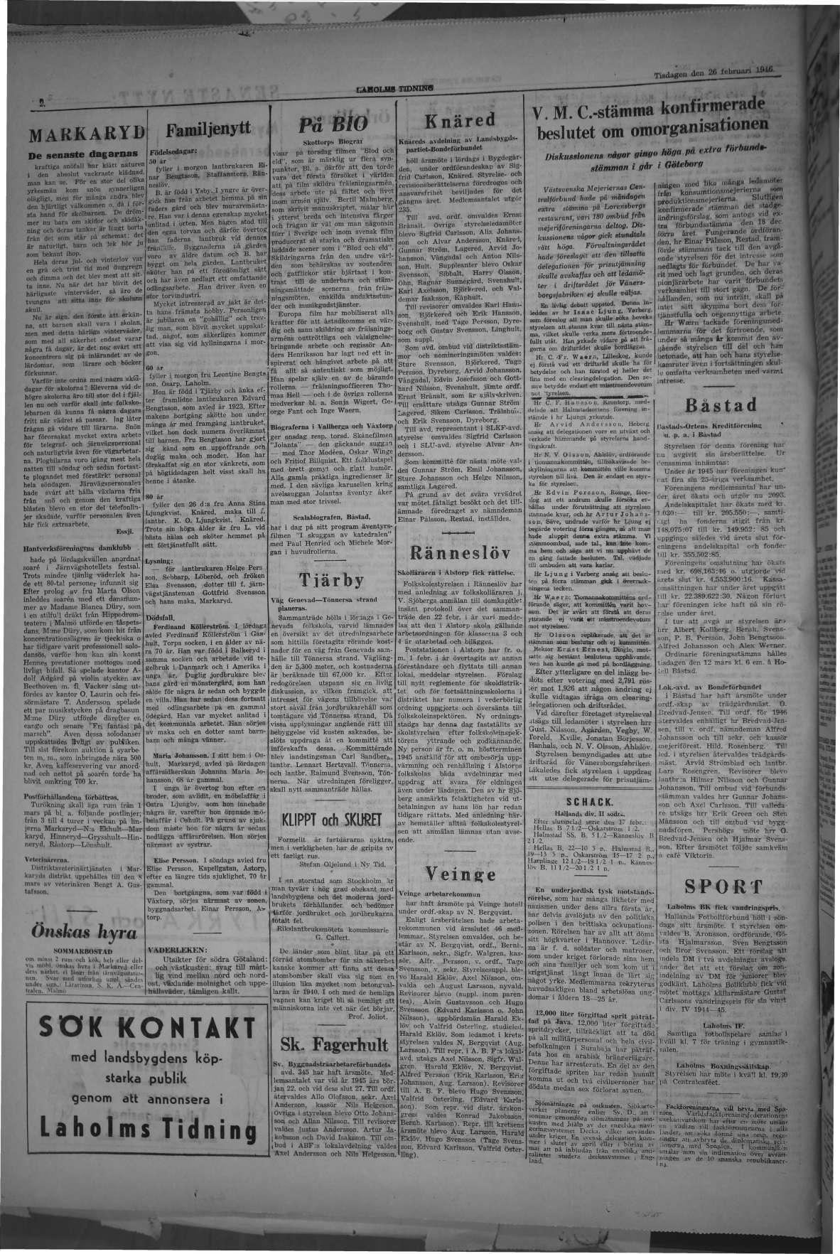 Laholms Tidning Tisdag 26 februari 1946, sida 4