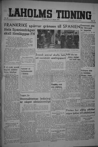 Förstasidan, Onsdag 27 februari 1946
