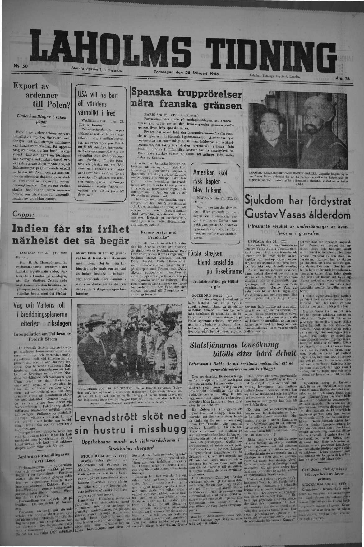 Laholms Tidning Torsdag 28 februari 1946, sida 1