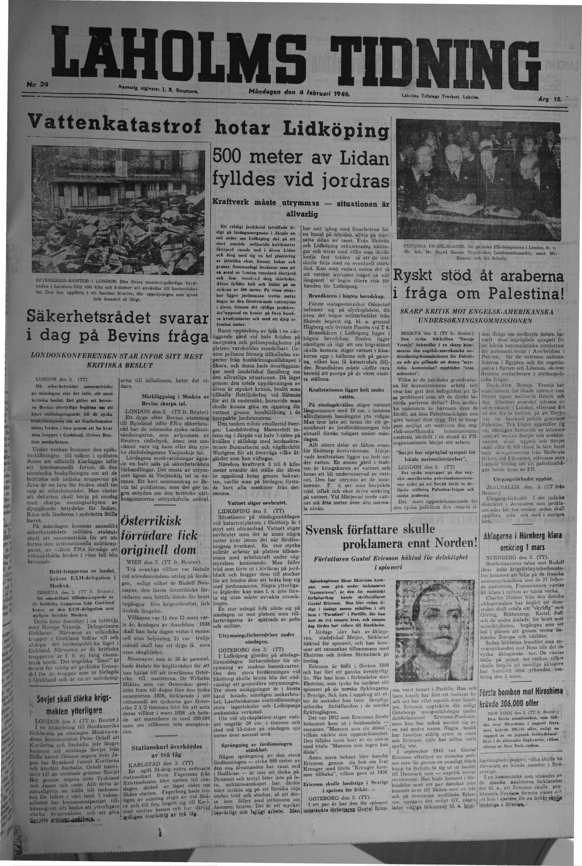 Laholms Tidning Måndag 4 februari 1946, sida 1