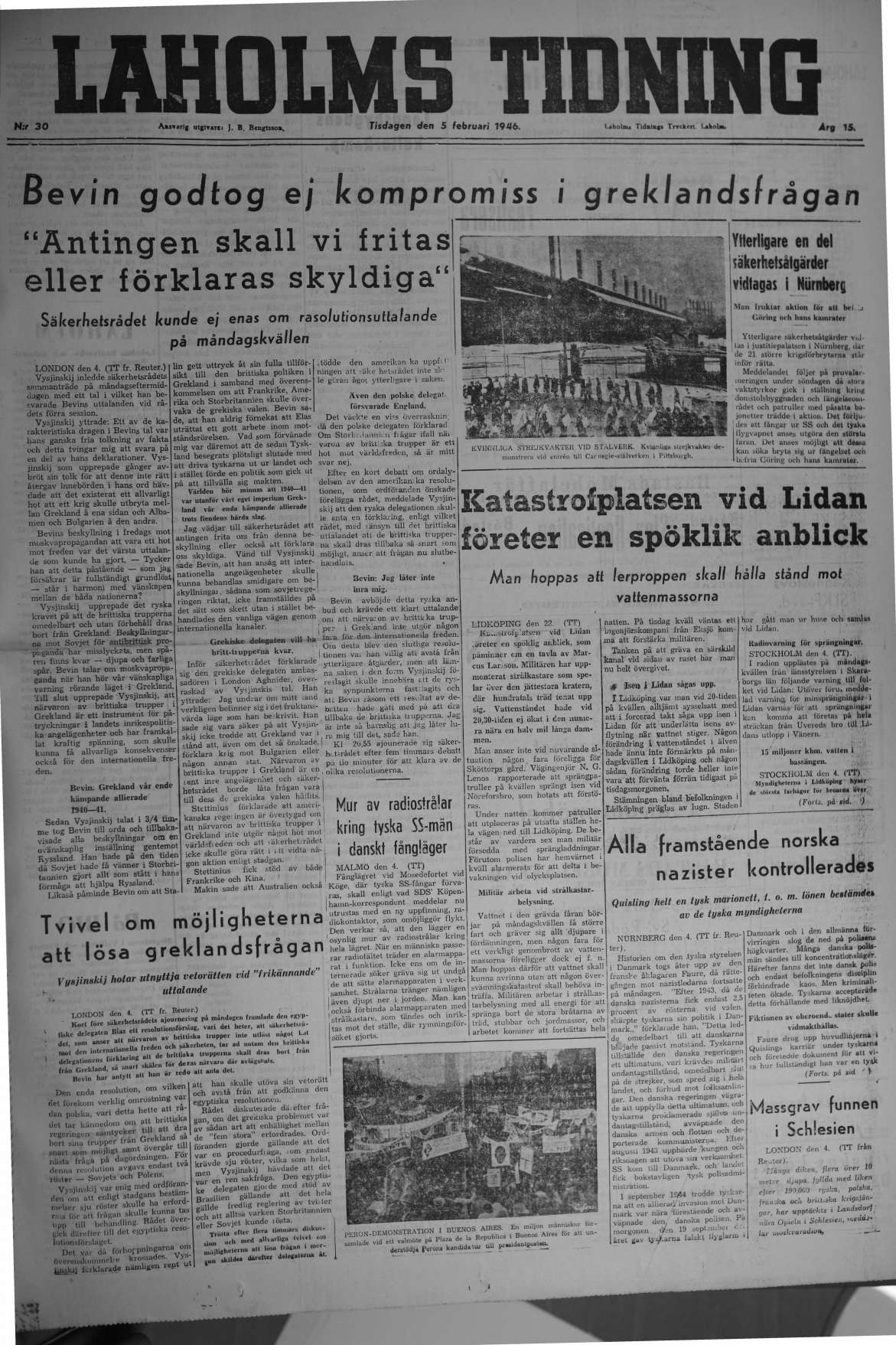 Laholms Tidning Tisdag 5 februari 1946, sida 1