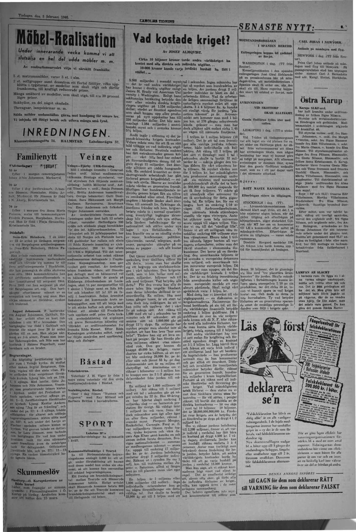 Laholms Tidning Tisdag 5 februari 1946, sida 3