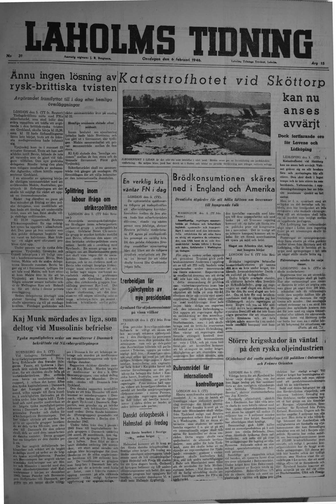 Laholms Tidning Onsdag 6 februari 1946, sida 1