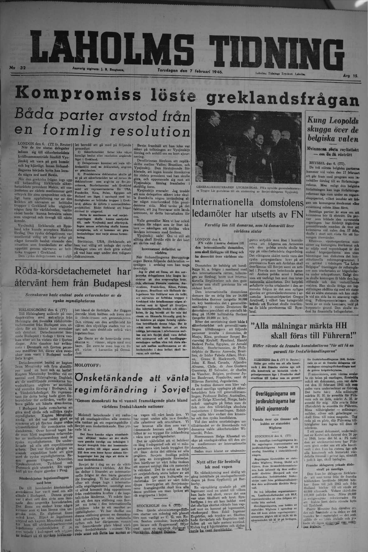 Laholms Tidning Torsdag 7 februari 1946, sida 1