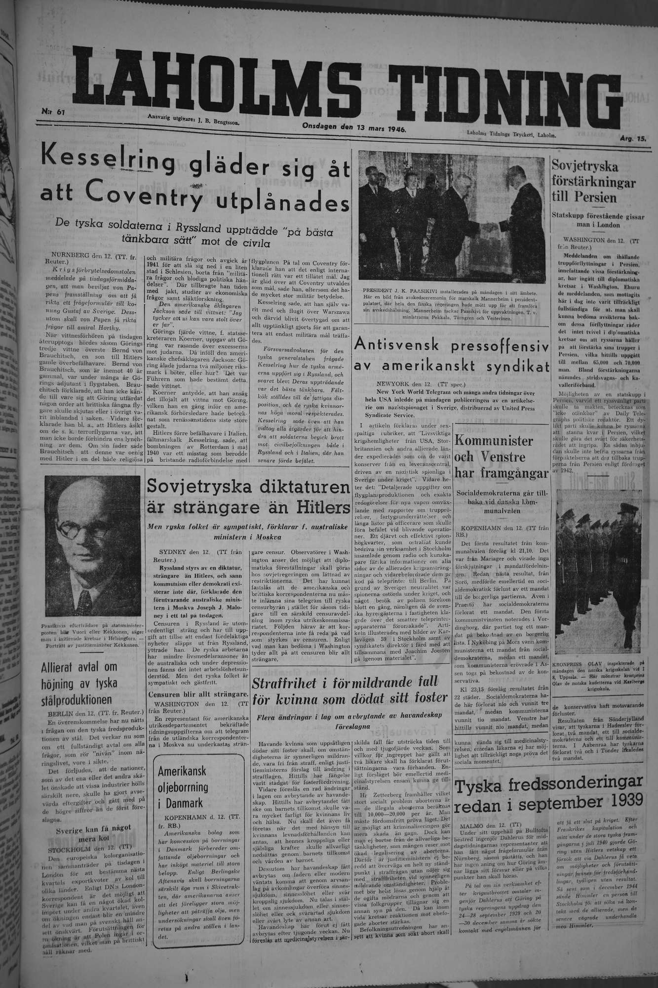 Laholms Tidning Onsdag 13 mars 1946, sida 1