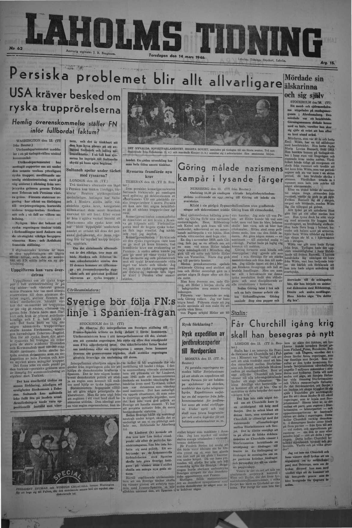 Laholms Tidning Torsdag 14 mars 1946, sida 1