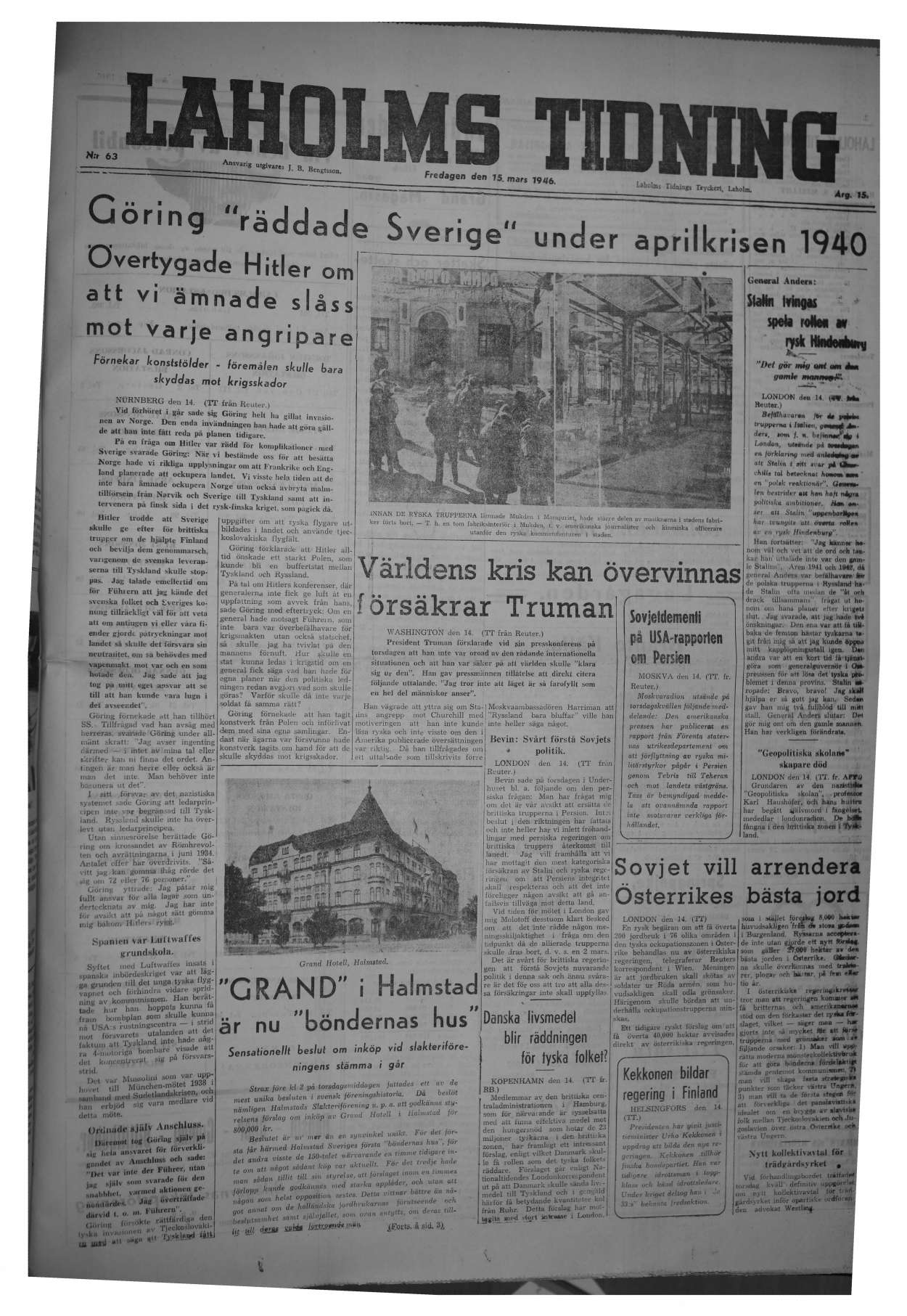 Laholms Tidning Fredag 15 mars 1946, sida 1