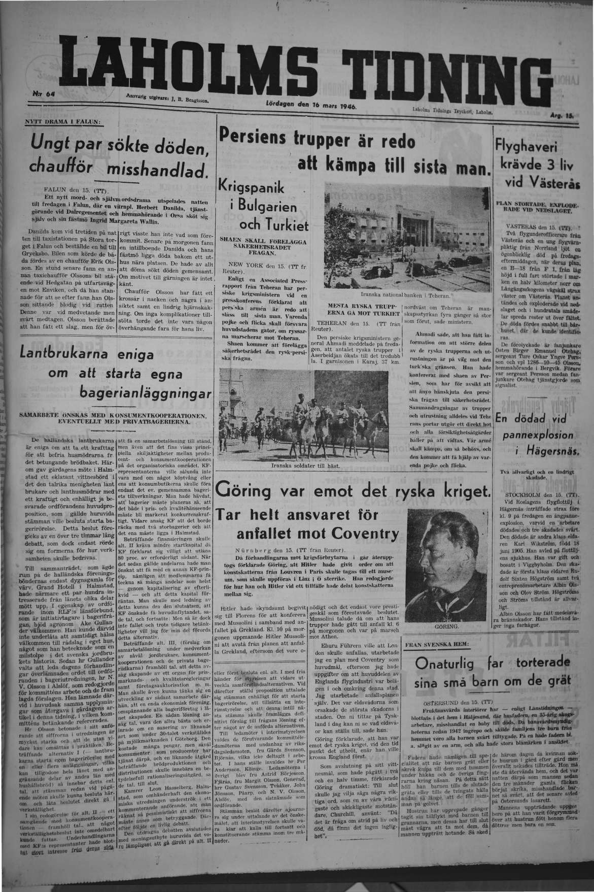 Laholms Tidning Lördag 16 mars 1946, sida 1