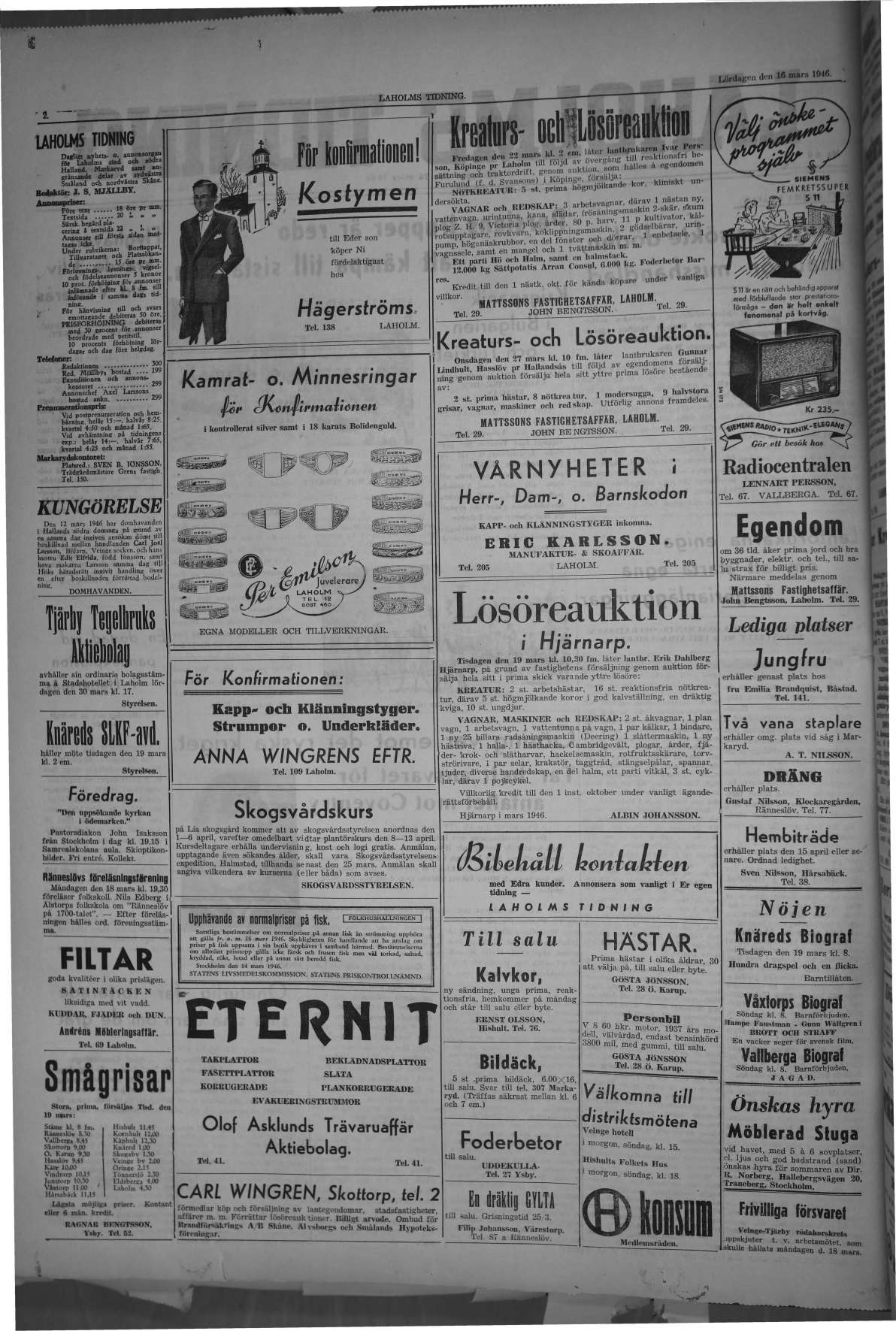 Laholms Tidning Lördag 16 mars 1946, sida 2