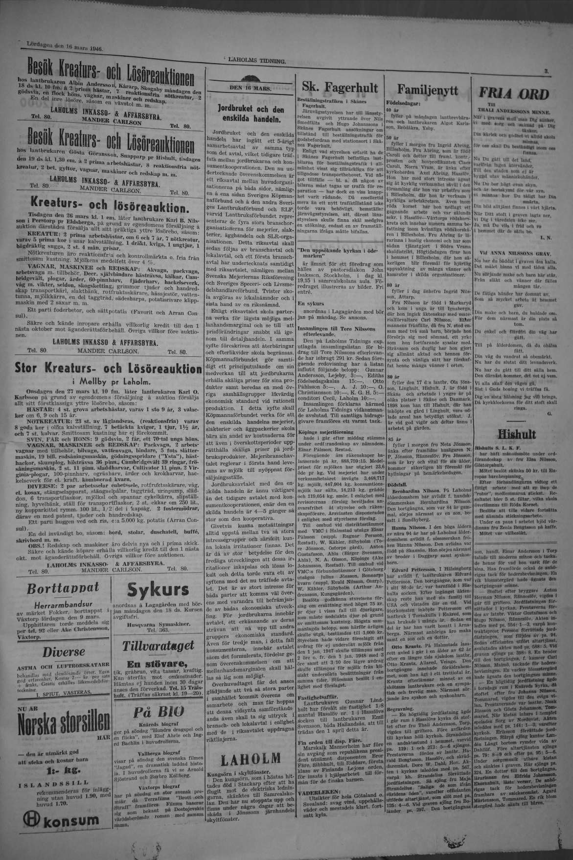 Laholms Tidning Lördag 16 mars 1946, sida 3