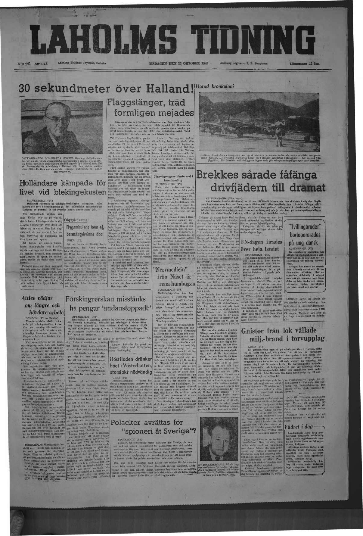 Laholms Tidning Tisdag 25 oktober 1949, sida 1