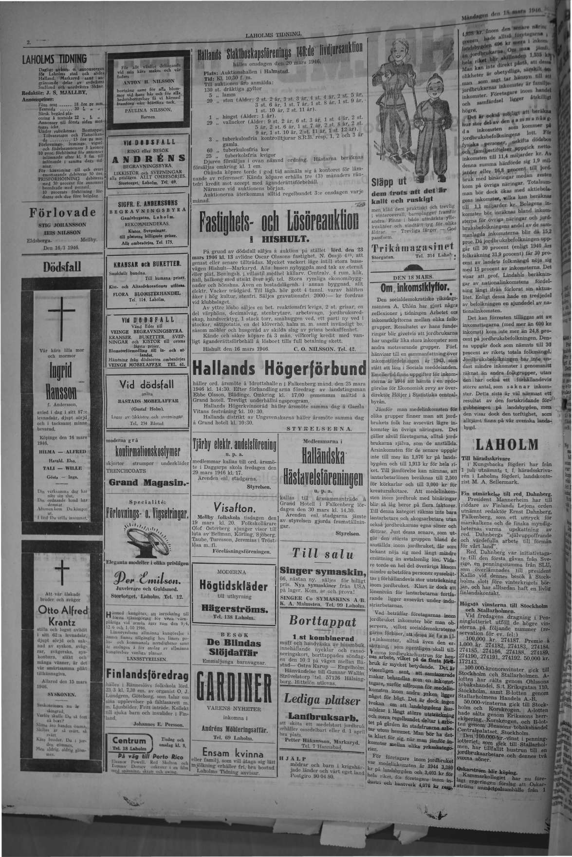 Laholms Tidning Måndag 18 mars 1946, sida 2