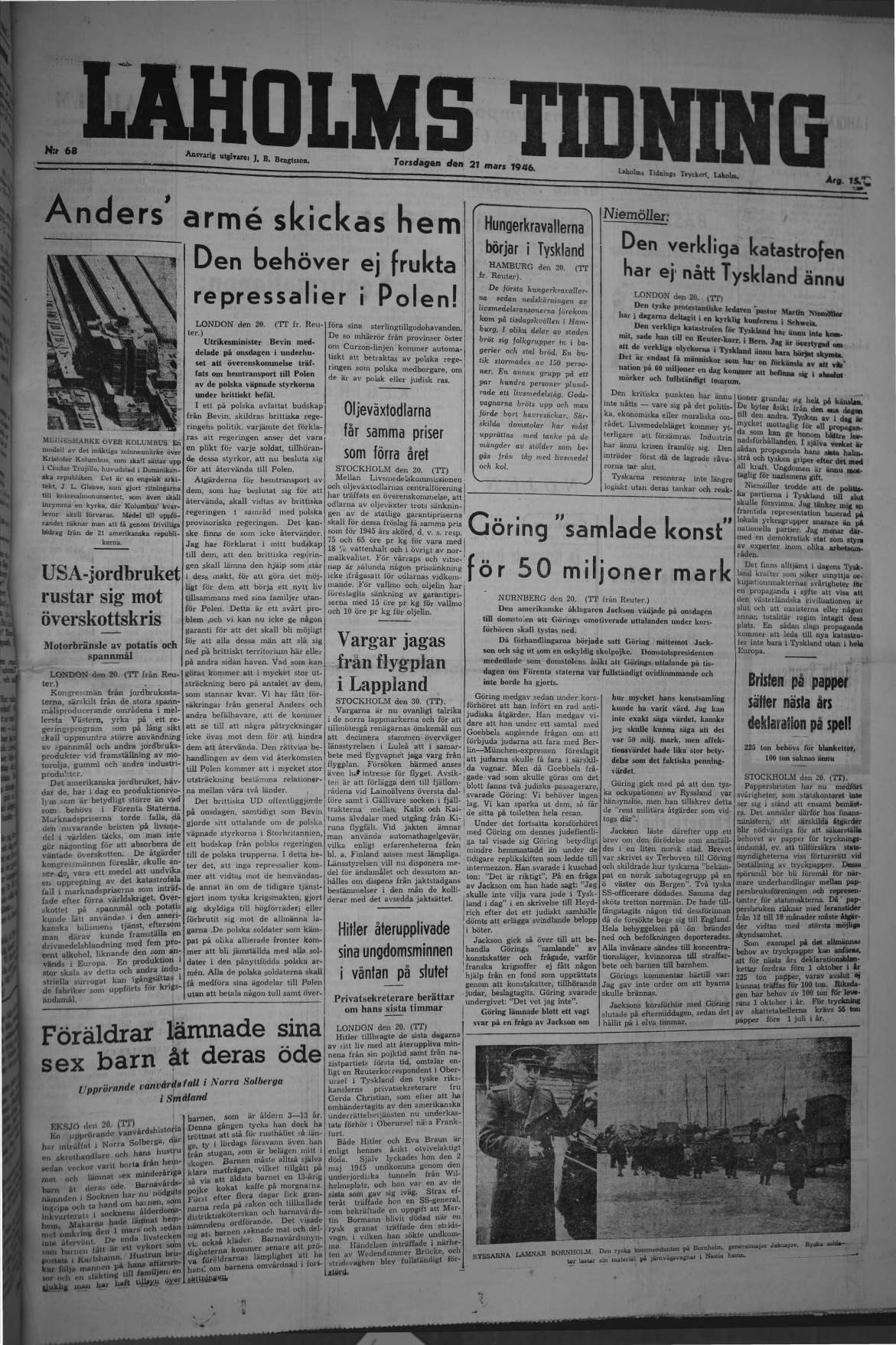 Laholms Tidning Torsdag 21 mars 1946, sida 1