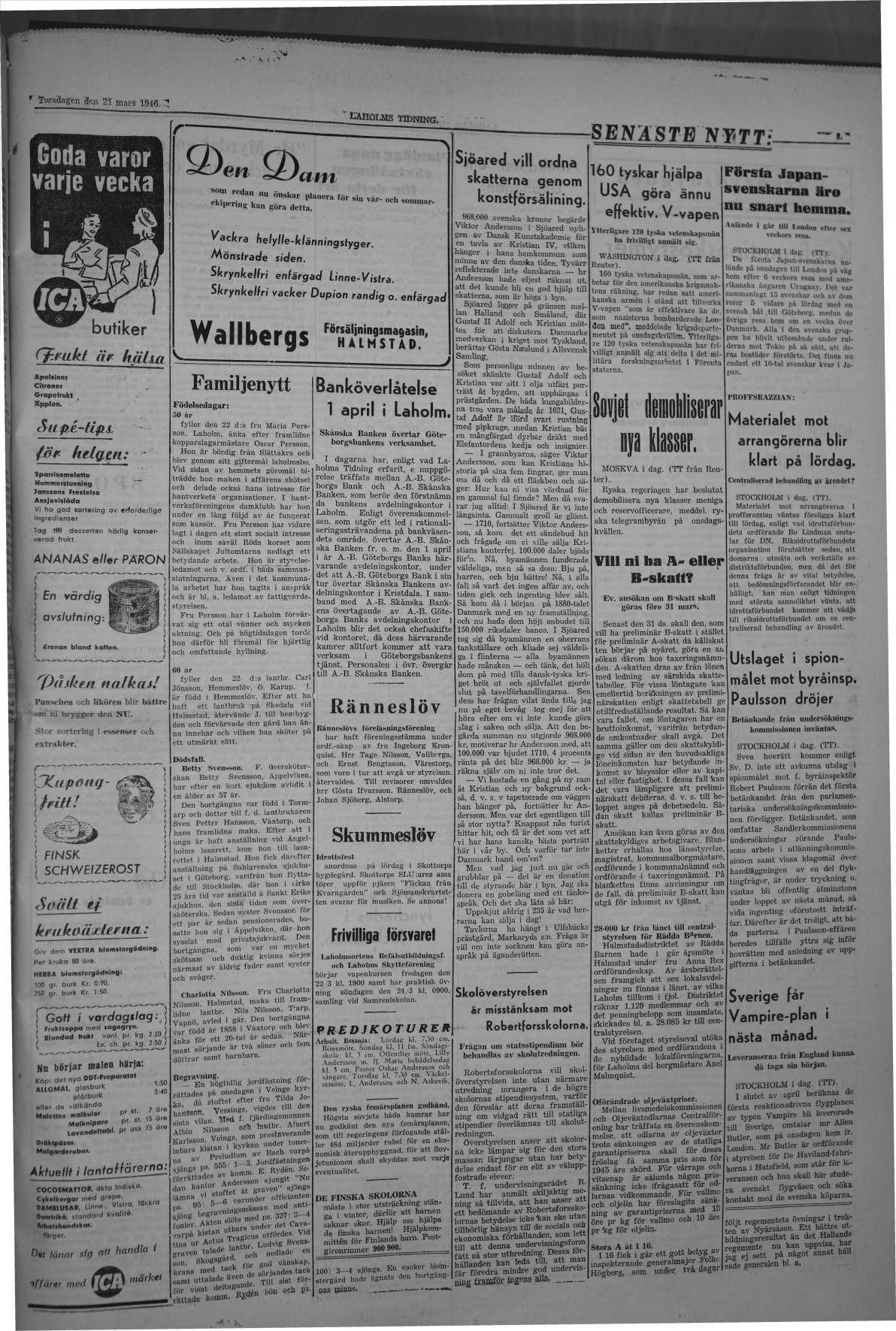 Laholms Tidning Torsdag 21 mars 1946, sida 3