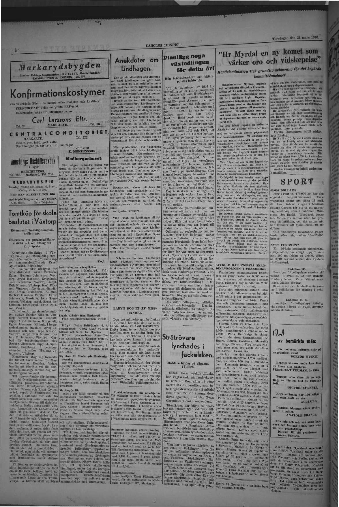 Laholms Tidning Torsdag 21 mars 1946, sida 4