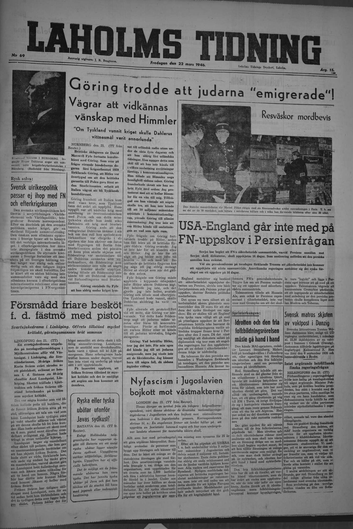 Laholms Tidning Fredag 22 mars 1946, sida 1
