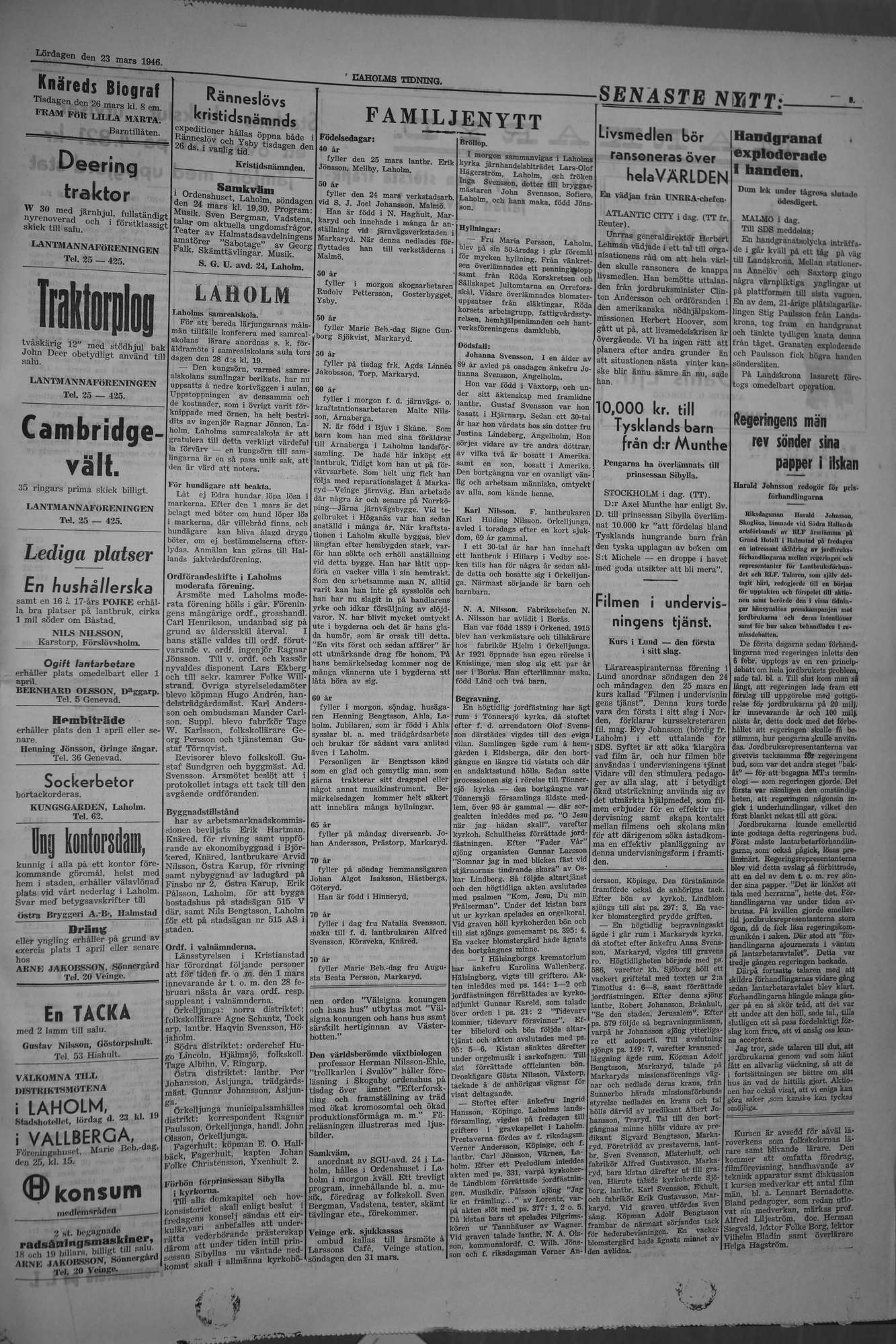 Laholms Tidning Lördag 23 mars 1946, sida 3