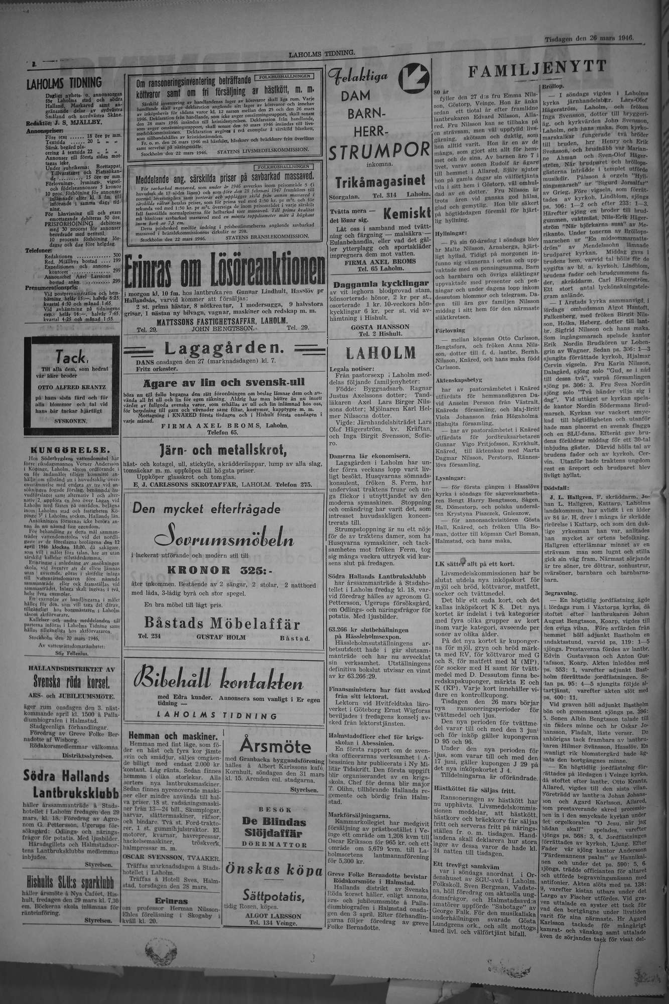 Laholms Tidning Tisdag 26 mars 1946, sida 2