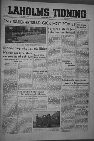 Förstasidan, Onsdag 27 mars 1946