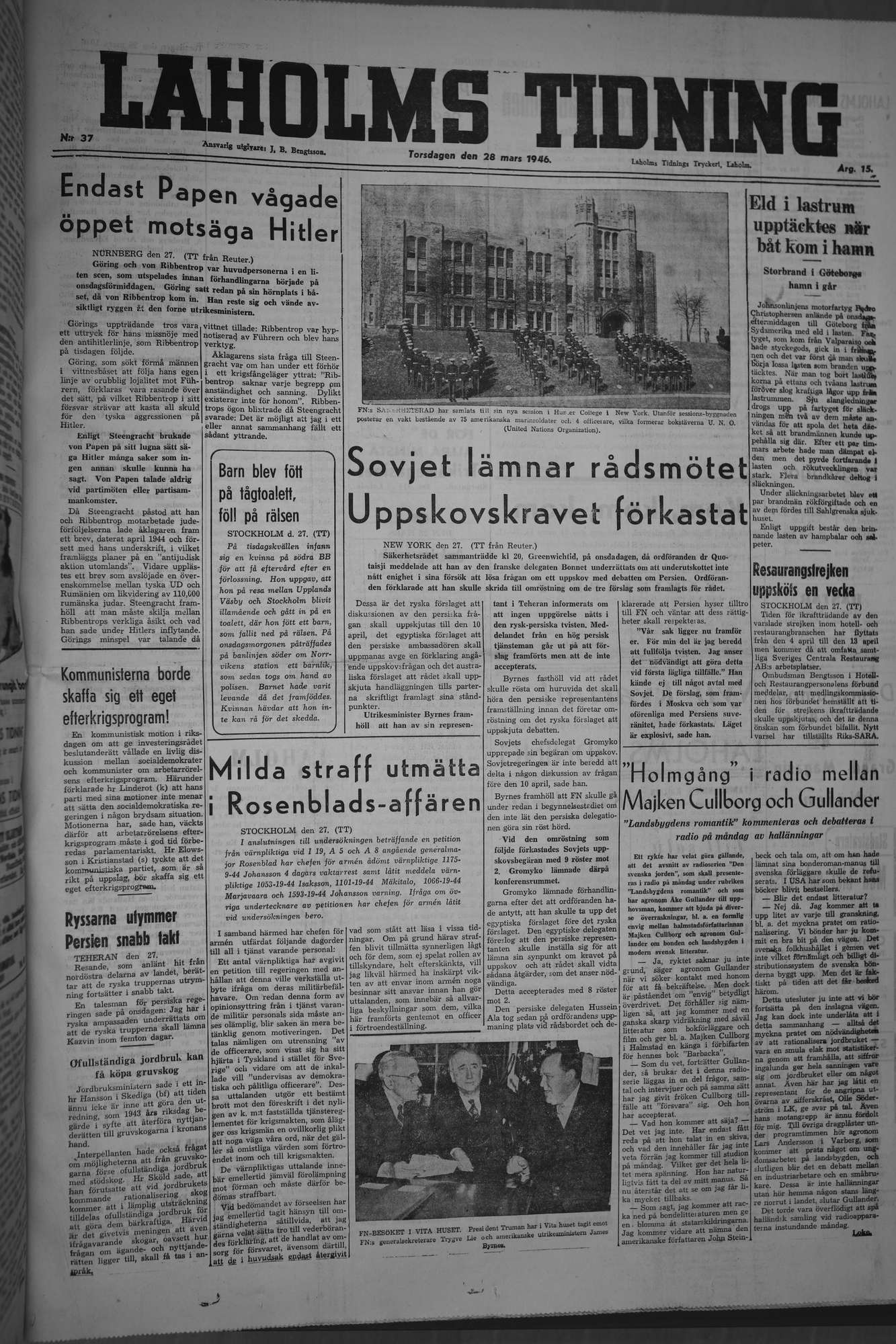 Laholms Tidning Torsdag 28 mars 1946, sida 1