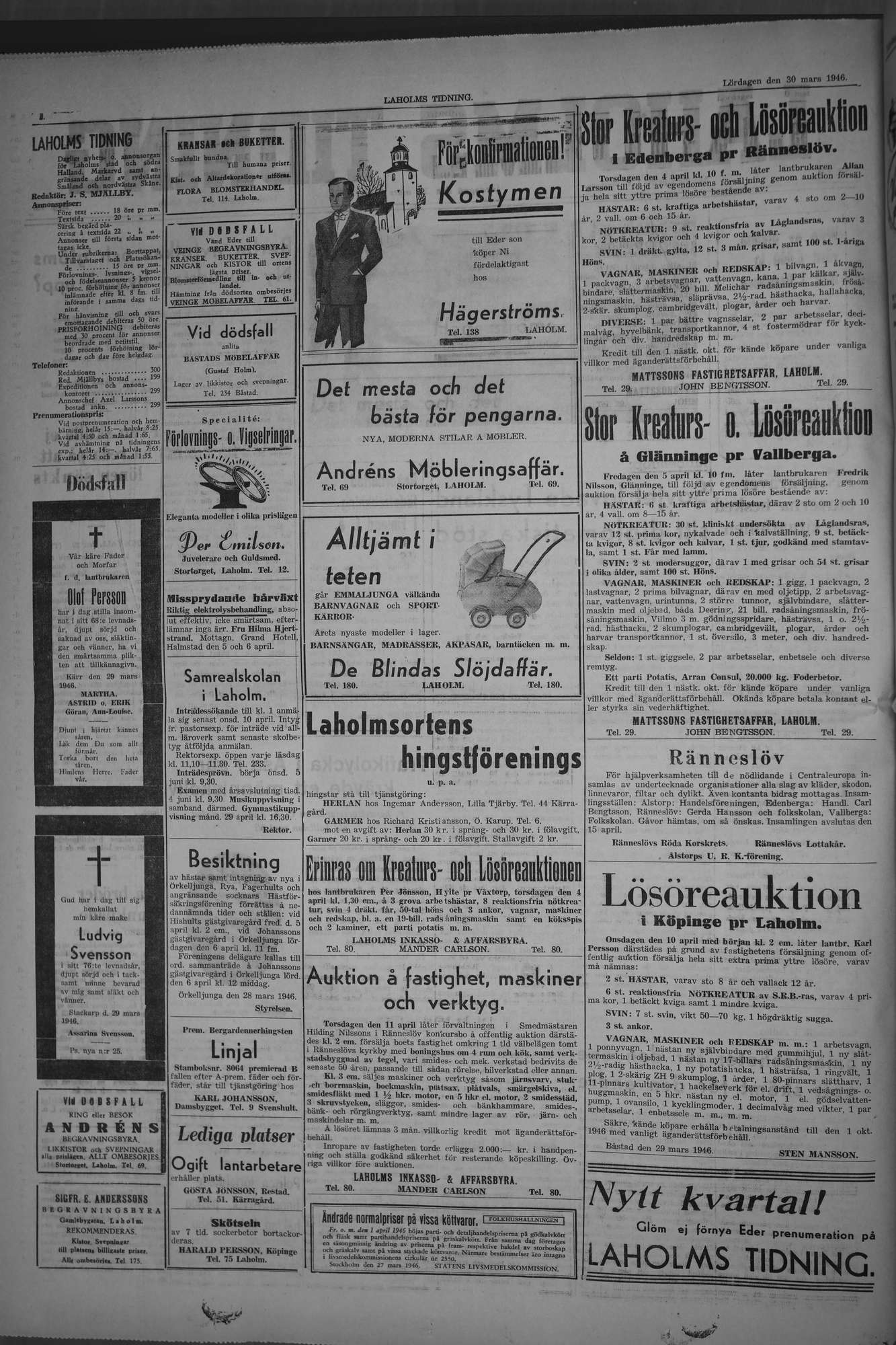 Laholms Tidning Lördag 30 mars 1946, sida 2