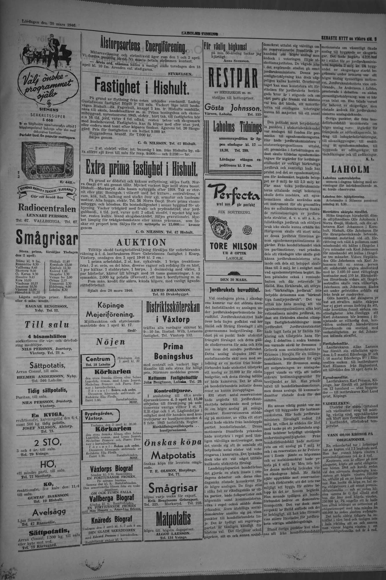 Laholms Tidning Lördag 30 mars 1946, sida 3